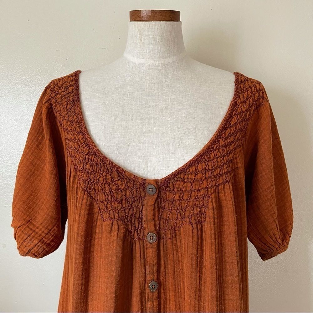 Free People Sunday Stroll Maxi Dress smocked oversized Small Burnt Clay Combo - Picture 4 of 14